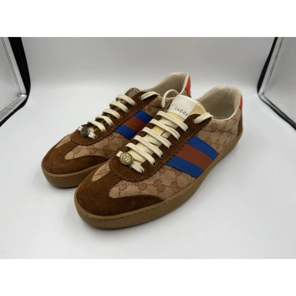 Gucci Screener Men's Sneakers GG Monogram Brown Suede Web Red Blue Size 10 US 11